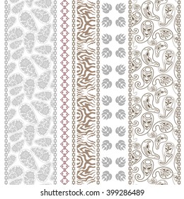 Set of  borders with bohemian motifs. Hand drawn seamless paisley pattern with roses, damask borders, zebra print, carnival masks. Vintage textile collection. Golden, silver shadows on white. 
