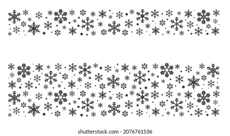 Set of borders from dark color snowflakes, isolated on white background. Rectangular winter ornament, narrow and wide. Vector illustration, flat, minimal cartoon design, isolated on white background, 