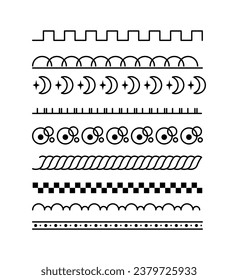 Ränder für die Dekoration festlegen. Abstrakte Linien und Kurven verzierte. Divider und Vignetten für Bücher. Vorlage und Layout. Lineare, flache Vektorgrafik, einzeln auf weißem Hintergrund