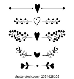 Set borders deviders romantic ornament brushes in doodle style with heart, leaves. Love vintage decorative line separator, geometric curved frames isolated on white background