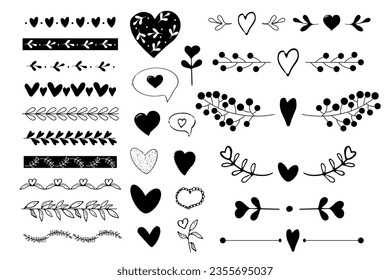 Set borders deviders romantic ornament brushes, cute elements in doodle style with heart, leaves. Love vintage decorative line separator, geometric curved frames isolated on white background