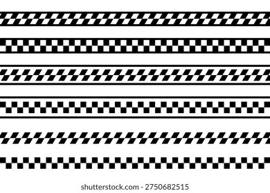 Set of borders or dividers with checkered print. Tapes with race flag, chessboard, taxi or police pattern. Strips with repeated black and white squares. Vector graphic illustration.