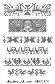 set of borders, embroidery cross, birds