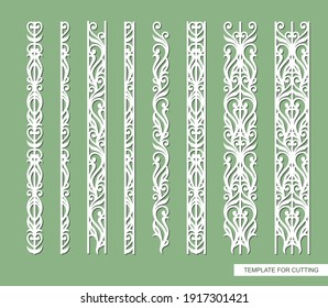 Set of borders with floral ornament. An endlessly repeating pattern of leaves, curls, lines. Plants theme. Vector template for plotter laser cutting, paper, cardboard, plastic, plywood, wood, metal.