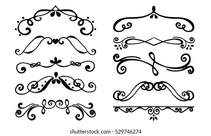 Set of borders.  Flourish decorative border. Vintage frame elements. Wedding, holiday invitation card, calligraphy dividers,