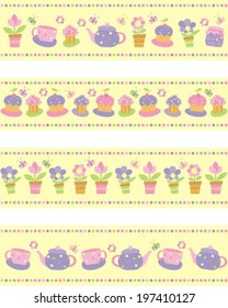 set of borders with flowers, cakes and tea utensils