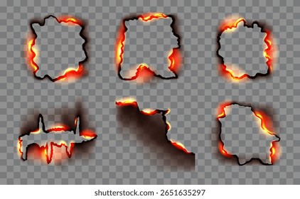 Set of borders and frames from burnt and smoldering paper edges. Fire effect on torn fragments. Vector design elements for website design, social networks, advertising materials, packaging, games