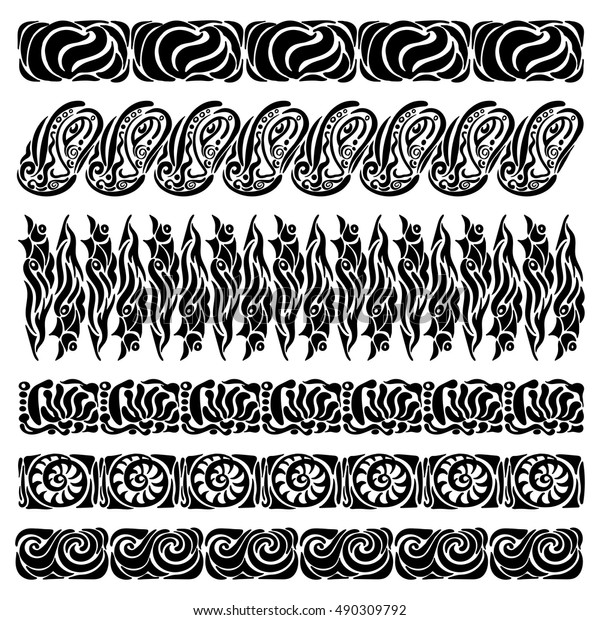 Set of borders and\
ornaments. Hand drawn ink doodles. Monochrome patterns.Artistically\
tribal ornament. Floral, retro, vintage, vector, zentangle design\
element.