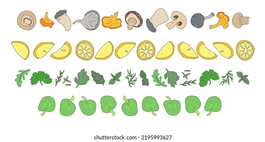 Set of borders out of lemons, herbs and mushrooms