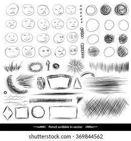 Set borders and shapes. Pencil sketches Smiles and different emotions. Hand drawn scribble shapes. A set of doodle line drawings. Vector design elements