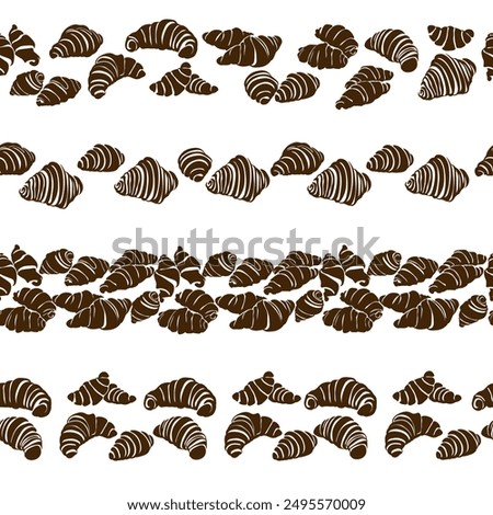 Set of borders with silhouettes of croissants, horizontal design from baked goods for packaging vector illustration