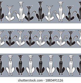 Set of borders from sitting black and white cartoon friendly cats and dogs