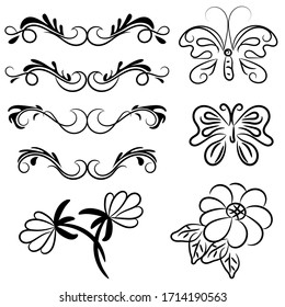 set of borders and swirl dividers decorative elements isolated on white for design