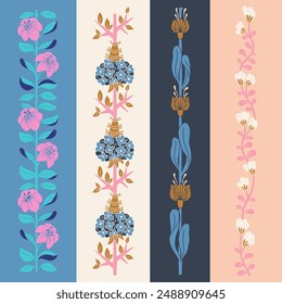 Set of borders, symmetry flowers composition isolated on background