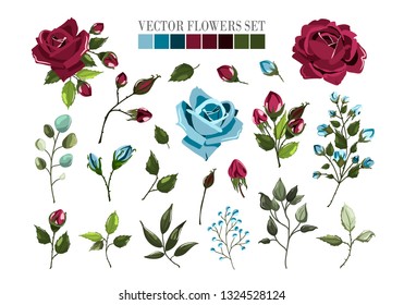 Set of bordo burgundy and navy blue rose flowers and green leaves. Maroon floral bouquets, branch, arrangements for wedding invitation save the date or greeting card design. Vector illustration