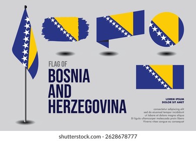 Set of Bosnia and Herzegovina flag in 5 designs: flag on pole, brush stroke, skew, round and standard. vector, flat, isolated on grey background. Perfect for various design projects