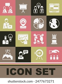 Set Boss with employee, Business strategy, Earth globe, People lamp bulb, Worker location, Businessman, Two sitting men talking and Piece of puzzle icon. Vector