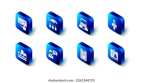 Set Boss with employee, Laptop, Stage stand or tribune, Identification badge, Clipboard checklist, Speech bubble chat, Ranking star and Training, presentation icon. Vector