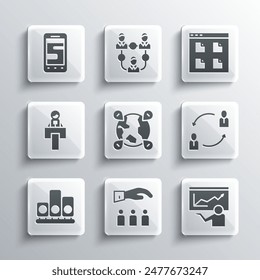 Set Boss with employee, Training, presentation, Human resources, Location the globe, Ranking star, Stage stand or tribune, Chat messages phone and Browser files icon. Vector