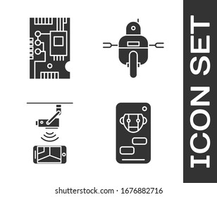Set Bot, Electronic computer components motherboard digital chip, Wireless Controlling CCTV security camera and Robot icon. Vector