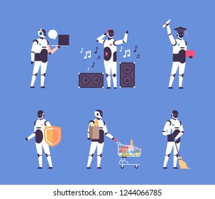 set bot helper robot personal assistant diversity professions communication collection robot character artificial intelligence concept blue background flat full length