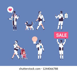 set bot helper robot personal assistant diversity professions communication collection robot character artificial intelligence concept blue background flat full length