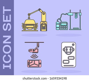 Set Bot, Máquina industrial robótica mano brazo, cámara de seguridad de control inalámbrico CCTV e icono de impresora 3D. Vector