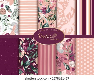set botanic and abstract seamless pattern with exotic flowers and leaves, hand drawn background. collection floral pattern. Tile with tropical leaf