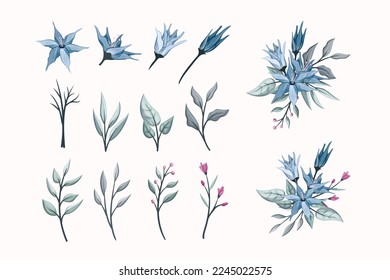 Set Botanic Blossom Floral Elements. Bloom Vector Illustration Isolated on white background