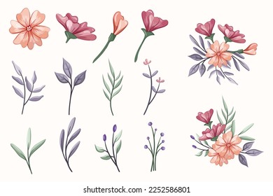 Set Botanic Blossom Floral Elements. Bloom Foliage