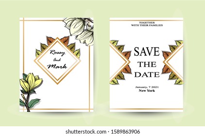 Set of botanic card with wild flowers, leaves. Spring ornament concept. Floral poster, invite, rsvp. Vector layout decorative greeting card or invitation design background. Hand drawn illustration