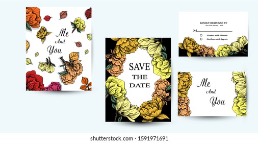 Set of botanic card with wild flowers, leaves. Spring ornament concept. Floral poster, invite, rsvp. Vector layout decorative greeting card or invitation design background. Hand drawn illustration
