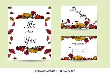 Set of botanic card with wild flowers, leaves. Spring ornament concept. Floral poster, invite, rsvp. Vector layout decorative greeting card or invitation design background. Hand drawn illustration