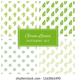 Set of botanic hand drawn seamless vector patterns. Forest green leaves doodle backgrounds collection. Summer or spring beautiful texture designs for fabrics and home decor