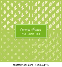 Set of botanic hand drawn seamless vector patterns. Forest green leaves doodle backgrounds collection. Summer or spring beautiful texture designs for fabrics and home decor