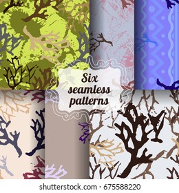 Set of botanic seamless patterns. Colorful backgrounds with branch imprints.Collection of tile textures with stamps of the nature objects. Template for wrapping, textile. poster print. Vector