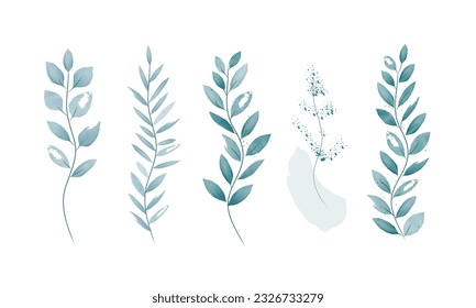 Set botanic watercolor floral illustration set, blue leaves. For wedding invitations, anniversary, birthday, prints, posters.