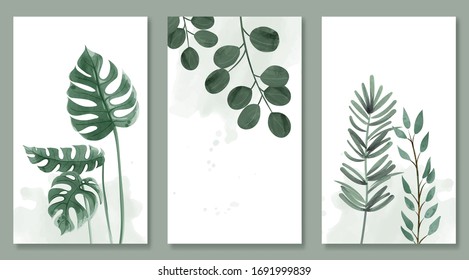 Set of botanic and wild leaves in watercolor painting. Design for frame hanging, poster, and card.