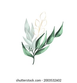 Set of botanic and wild leaves in watercolor painting. Design for frame hanging, poster, and card.
