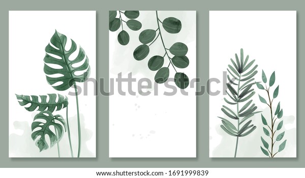 Set of botanic and wild leaves\
in watercolor painting. Design for frame hanging, poster, and\
card.