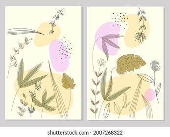 Conjunto de líneas botánicas abstractas y formas de ilustración vectorial. Diseño artístico de estilo de dibujo de fondo para portátil, banner, impresión, afiche, tarjeta.