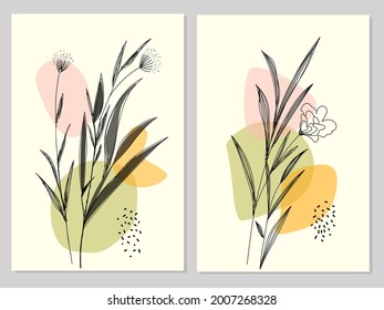 Set of botanical abstract line and shapes vector illustration. Artistic background drawing style design for notebook,banner, print,poster,card.