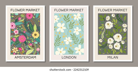 Set of botanical aesthetic flower market wall art poster