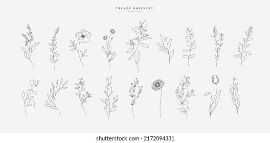 Set of Botanical arrangement of leaves branches and blooming flowers in line style. Vector ornamental herbs and wildflowers for bouquet. Wedding design elements.