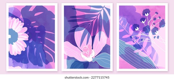 Set of botanical art posters, prints. Transparent pink, voplet exotic plants, leaves, flowers. Triptych composition with watercolor macro flowers. 