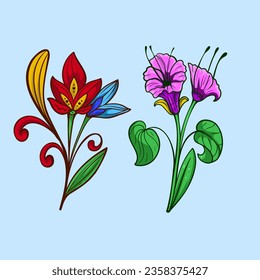 Botanische Kunst. Handgezeichnete Zeichnung abstrakter Blumen, Blumen, Rosen, tropische Blätter, Frühlings- und Herbstblätter, Olivenbäume