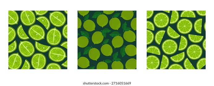 Eine Reihe von botanischen Hintergründen mit verschiedenen ganzen Limetten, Hälften und Scheiben. Ideal für Sommerverkäufe, Bio-Produktwerbung, Saftverpackungen, Küchenelemente, Tapeten, Poster oder andere Designs. 