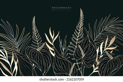 Set of botanical bakground, floral branch and leaves. Vintage foliage for wedding invitation, wall art or card template. Minimal line art drawing. Vector