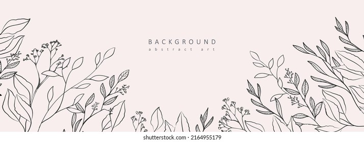 Conjunto de fondo botánico, rama floral y hojas. Follaje vintage para invitación a boda, arte mural o plantilla de tarjeta. Dibujo artístico de línea mínima. Vector