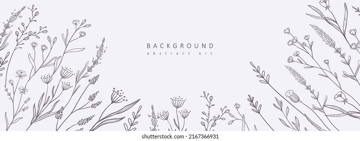 Conjunto de fondo botánico, rama floral y hojas. Follaje vintage para invitación a boda, arte mural o plantilla de tarjeta. Dibujo artístico de línea mínima. Ilustración del vector